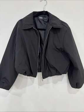 ZARA Black Cropped Bomber with Oversized Collar